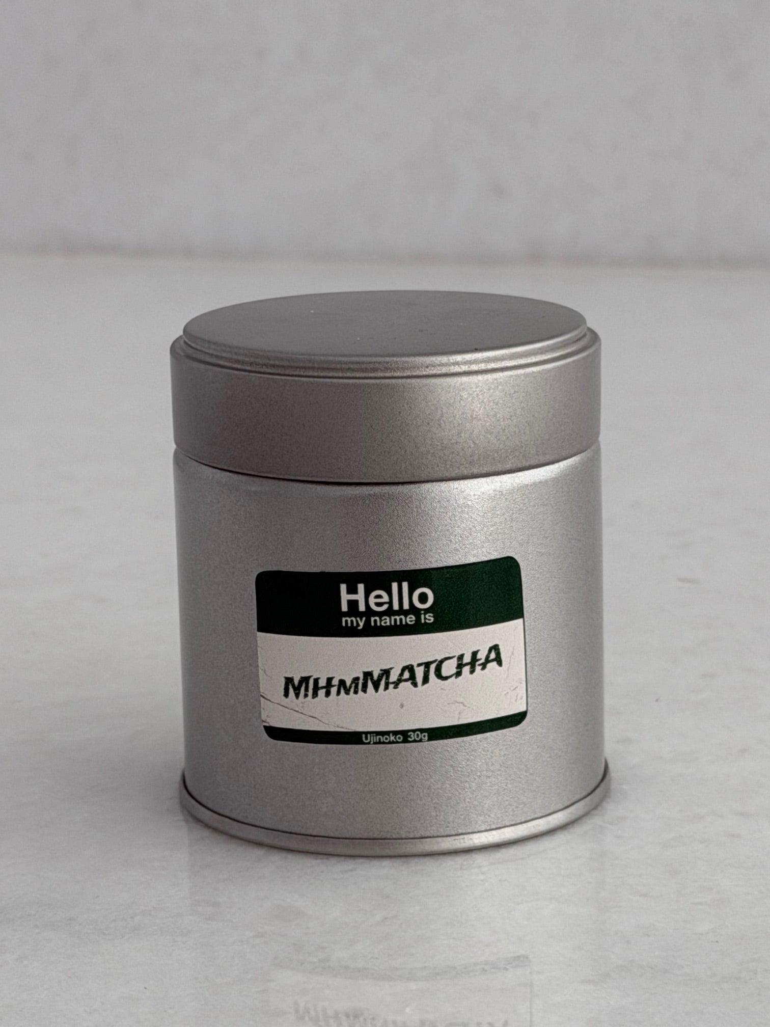 MhmMATCHA Ujinoko ceremonial matcha tin, 30g — pine-green Hello-my-name-is label